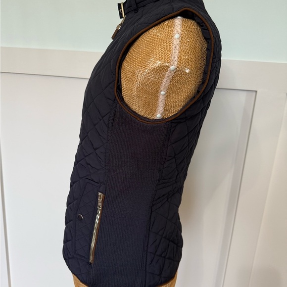 Zara Womens Quilted Vest Size Medium Navy Blue Full Zip Pockets Mock Buckle Neck - Picture 2 of 14